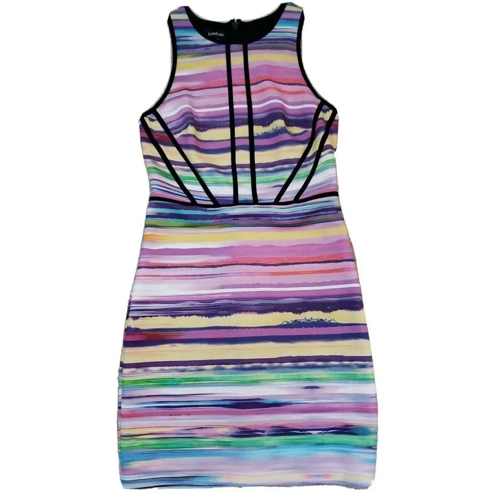 Bebe ~Woman Size M~ Multicolor Sheath Sleeveless Stretch Dress Fully Lined.